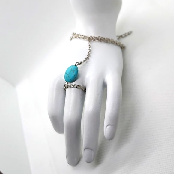 Boho Retro Celebrity Turquoise Slave Chain Ring Bracelet Hand Harness - Picture 1 of 8